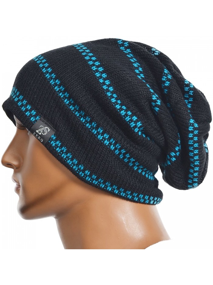 Z&s Mens Slouchy Stripe Beanie Knit Skull Cap Unisex Hat (6 Ccolor) - Black With Blue Stripe - CV11QQ8GAXR