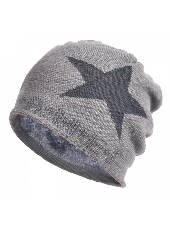 Janey&Rubbins Star Knit Winter Slouch Beanie Hat Warm Villus Lined Skull Ski Cap - Gray - CQ11RSA89JF