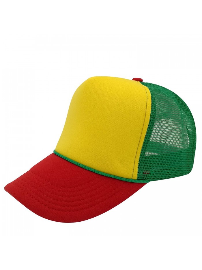 Unisex Plain Baseball Cap Trucker Mesh Hat Adjustable Snap Back with Rope Front - Green Mesh/Yellow/Red Bill - C2185KERNIC