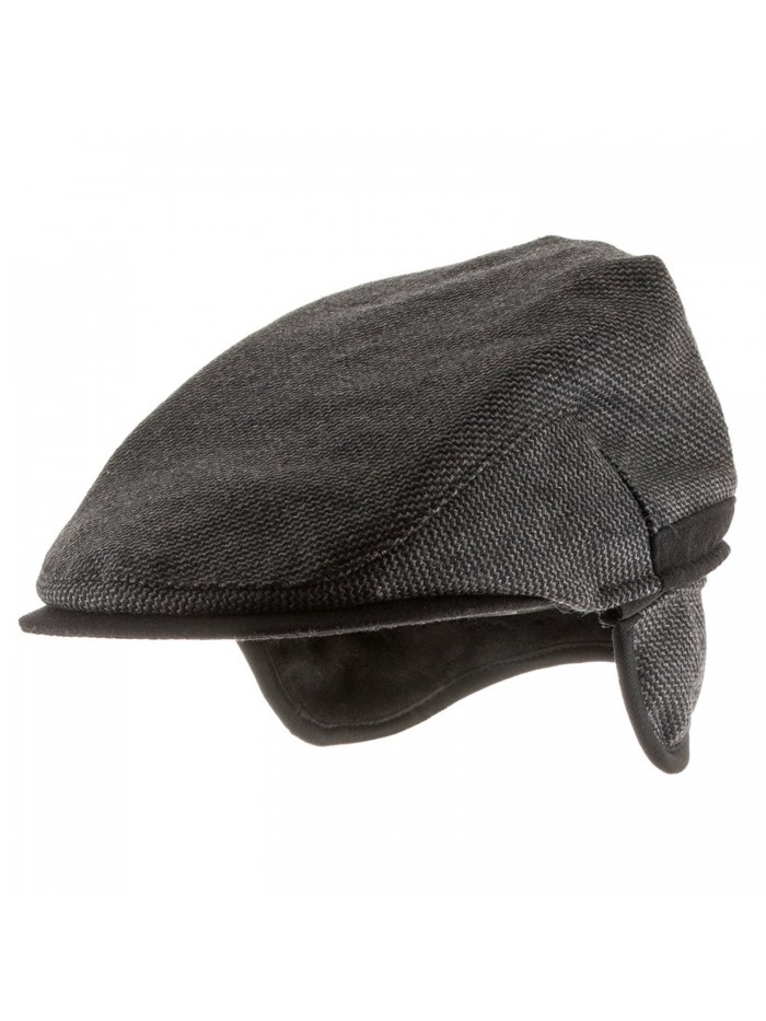 Scottish Wool Ivy Herringbone Newsboy Scally Driving Cap with Fleece Ear Flaps - Dark Grey - C611Q0VZYM9