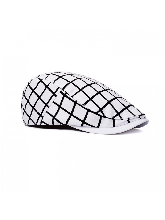 Xelue FF Unisex Trendy Vintage Unique Wool Cotton newsboy Cap Hunting Hat Beret Flat Cap - White Checked - CT18862HMDC