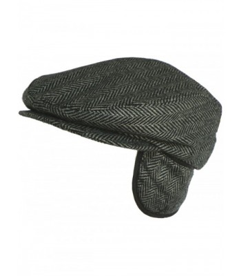 Broner Mens Wool Herringbone Ear Flap Newsboy Cap Hat - Black - CL116PUDJ0T