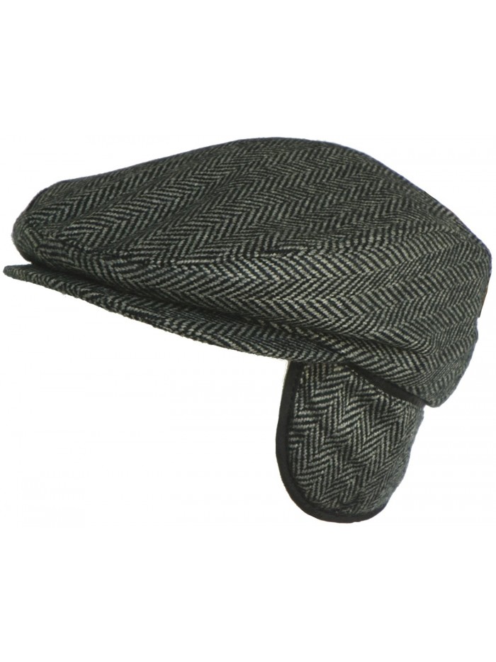 Broner Mens Wool Herringbone Ear Flap Newsboy Cap Hat - Black - CL116PUDJ0T