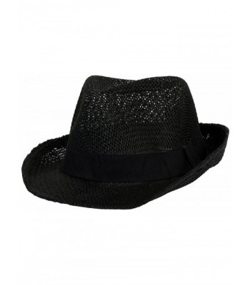 DRY77 Straw Light Net Pattern Fedora Hat with Solid Brand - Black - CP1221PMUVF