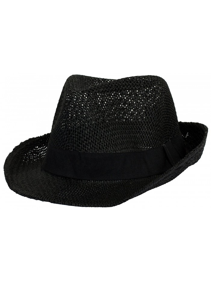 DRY77 Straw Light Net Pattern Fedora Hat with Solid Brand - Black - CP1221PMUVF