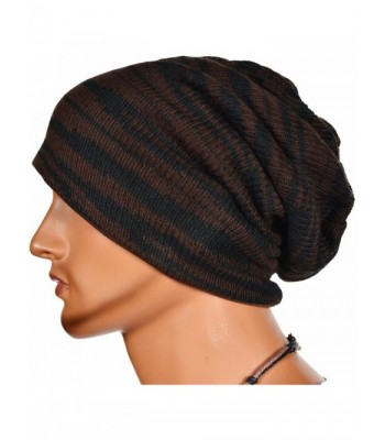 Chic Men Stripe Knit Slouch Beanie Cap Hat B05 - Brown - CZ11NVAZPRZ