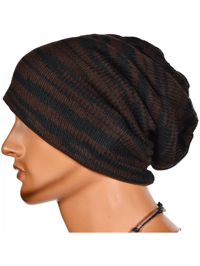 Chic Men Stripe Knit Slouch Beanie Cap Hat B05 - Brown - CZ11NVAZPRZ