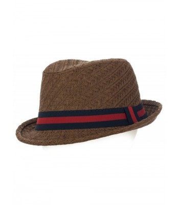DRY77 Natural Solid Color Tweed Pattern with Two Tone Stripe Fedora - Brown - CK11LUO1WZT