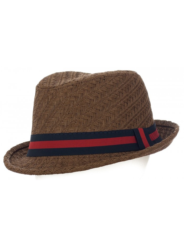 DRY77 Natural Solid Color Tweed Pattern with Two Tone Stripe Fedora - Brown - CK11LUO1WZT