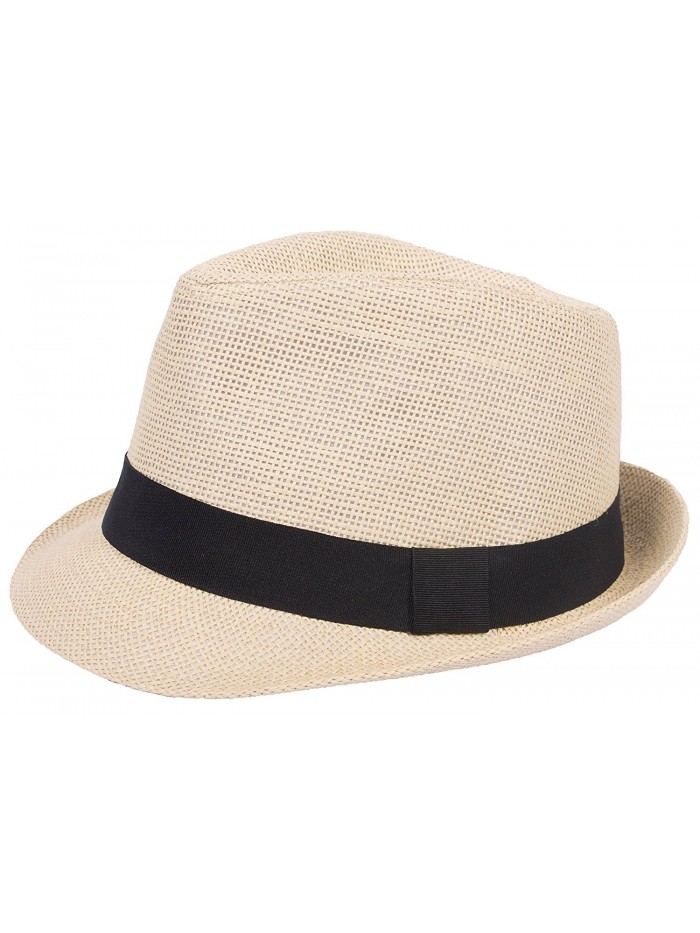 DRY77 Mens Womens Straw Summer Short Brim Fedora Hat Trilby Beach Gangster Hot - Beige - CL11LXULIQD