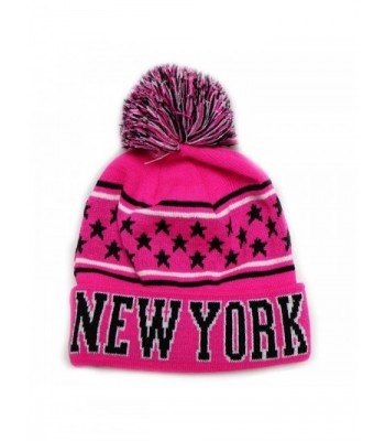 City Hunter Sk990 New York Stars Pom Beanie Knit Hats (13 Colors) - Neon pink/black - CR11OC7369V