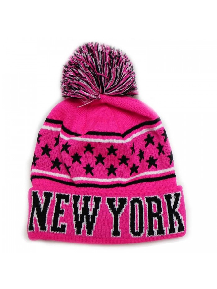 City Hunter Sk990 New York Stars Pom Beanie Knit Hats (13 Colors) - Neon pink/black - CR11OC7369V