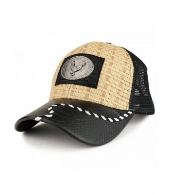 Trendy Apparel Shop Straw Design Metallic Rooster Logo Trucker Mesh Adjustable Baseball Cap - Tan Black - CK12OCXPCR1