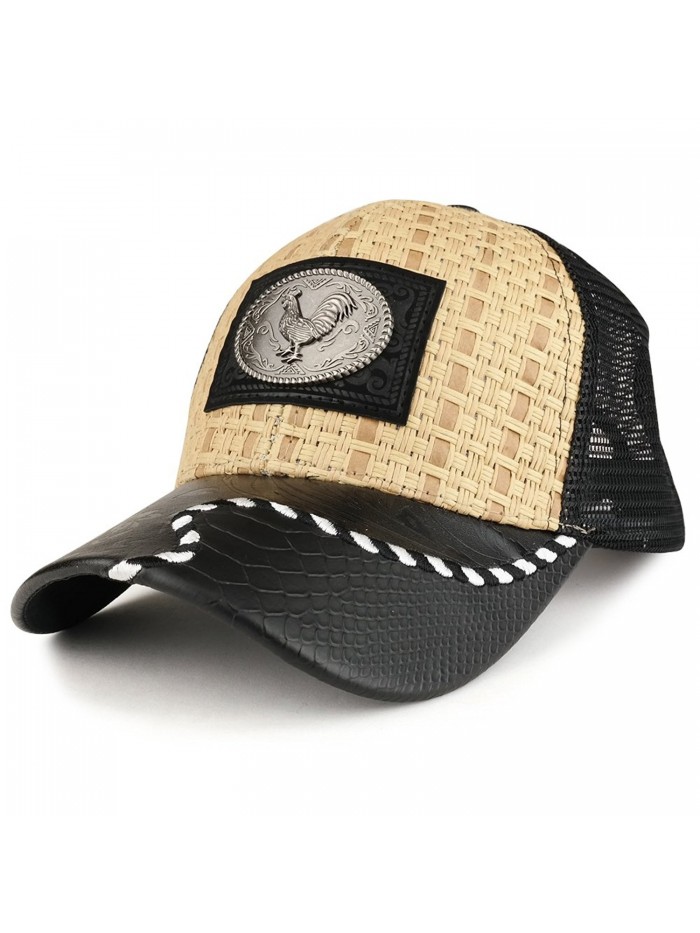 Trendy Apparel Shop Straw Design Metallic Rooster Logo Trucker Mesh Adjustable Baseball Cap - Tan Black - CK12OCXPCR1