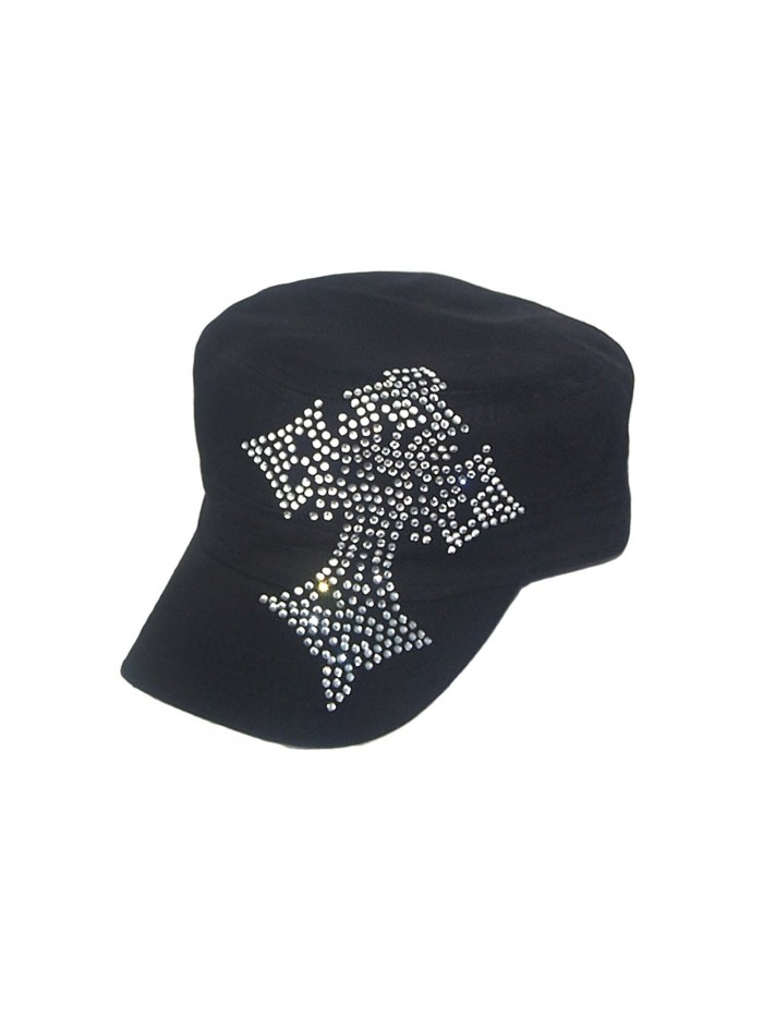 Gothic Cross Clear Rhinestone Flat Top Black Hat Cap - C7113MVV14F