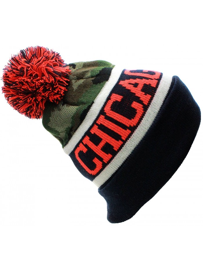 American Cities USA Sports City State Cuff Cable Knit Pom Pom Beanie Hat Cap - Camo - Chicago Olive Orange - CO11QVYOLBF