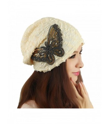 MiyaChic Women's Winter Hat Lace Butterfly Beanie Caps Lady Skullies Turban Cap - Beige - CH1884RSHC7