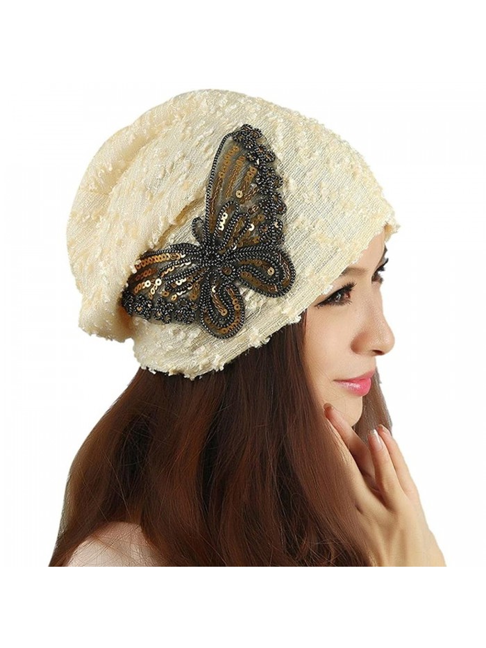 MiyaChic Women's Winter Hat Lace Butterfly Beanie Caps Lady Skullies Turban Cap - Beige - CH1884RSHC7