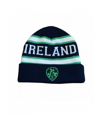 Traditional Craft Knitted Navy Beanie Hat With Ireland Lettering and Embroidered Shamrock Crest - C511ZDM8H2Z