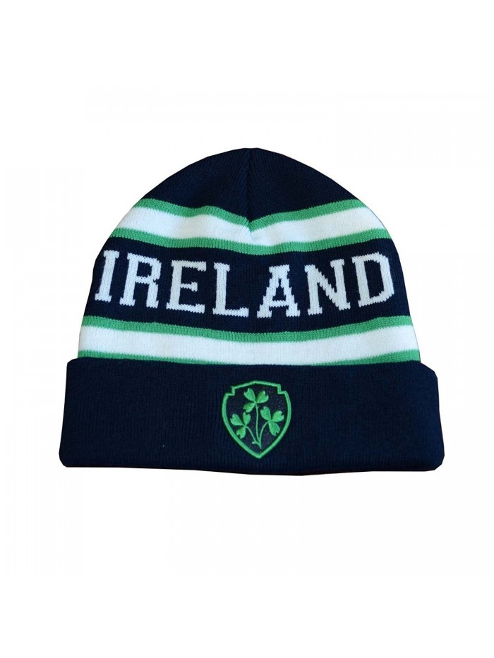 Traditional Craft Knitted Navy Beanie Hat With Ireland Lettering and Embroidered Shamrock Crest - C511ZDM8H2Z