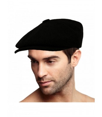 Men's 100% Winter Wool Herringbone Snap Newsboy Drivers Cabbie Cap Hat - Black - C31867EUR2S