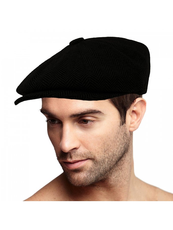 Men's 100% Winter Wool Herringbone Snap Newsboy Drivers Cabbie Cap Hat - Black - C31867EUR2S