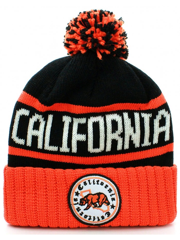 American Cities California Republic Cuff Beanie Cable Knit Pom Pom Hat Cap - Black Orange - C111O97G8KX