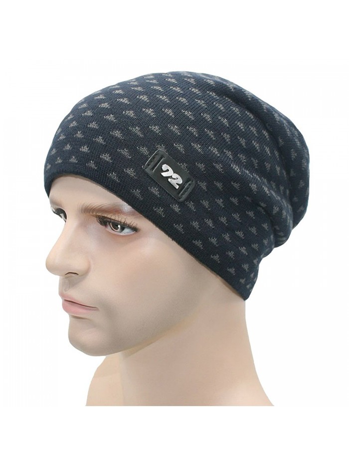 JY Collection Men's Beanie Hats Knit Winter Warm For Men Wool Lining Skull Ski Cap - Navy Blue - C0127RKI0UT