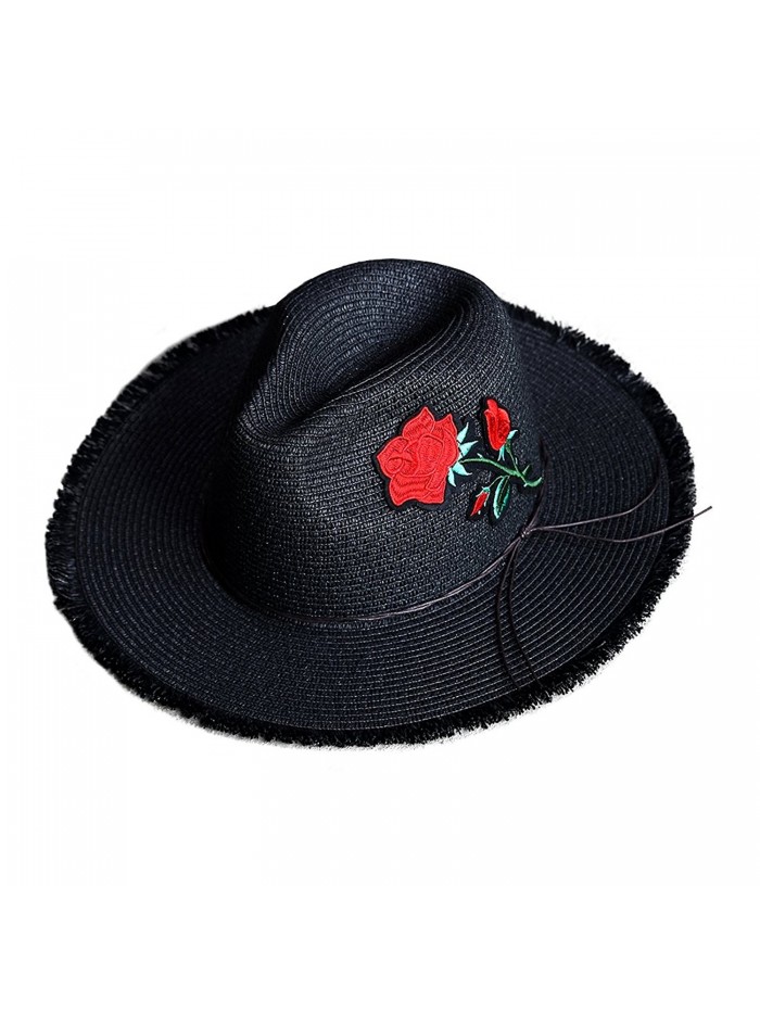 ByTheR Unisex Solid Black Vintage Brim Summer Casual Straw Panama Fedora Hat - Black - C31843YIRAW