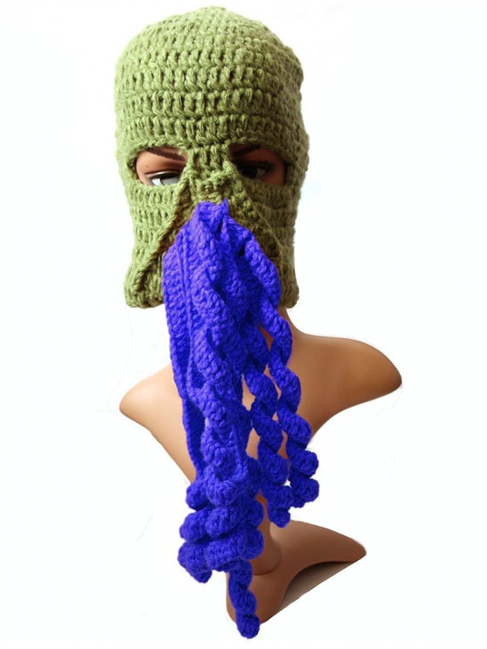 BIBITIME Crochet Octopus Tentacle Beanie Hat Squid Mask Cap Knitted Beard Caps - Army Green With Blue - C5189QD5EL4