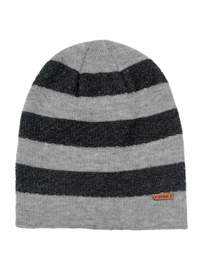 lethmik Fleece Lined Beanie Hat Mens Winter Solid Color Warm Knit Ski Skull Cap - Stripes Light Grey - CT186H0HZ2Y