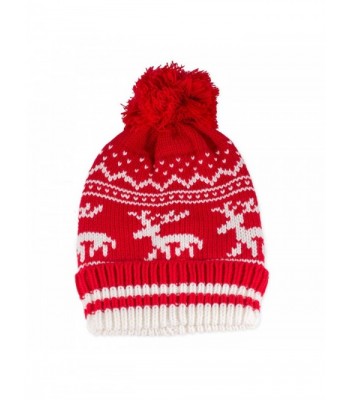 Traditional Nordic Knit Red Stocking Hat with Reindeer Design - CD11PISJXQ3