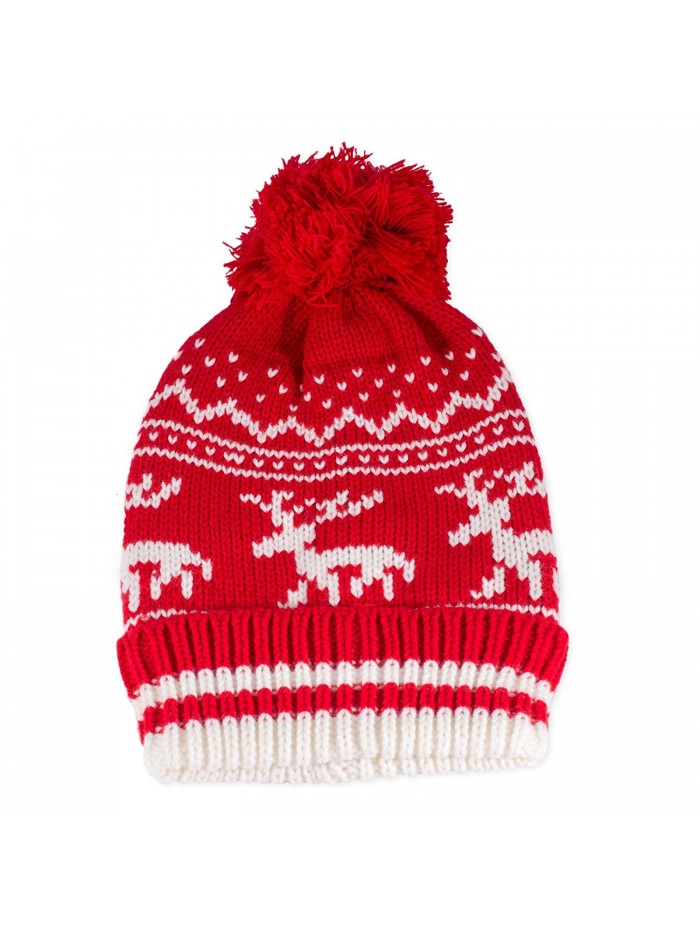 Traditional Nordic Knit Red Stocking Hat with Reindeer Design - CD11PISJXQ3