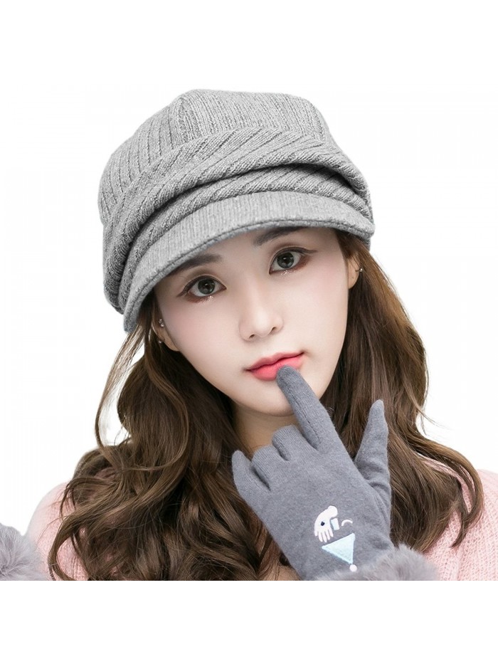 Siggi Wool Knitted Visor Beanie Winter Hat for Women Newsboy Cap Warm Soft Lined - 89365_gray - CV187EO5EG2