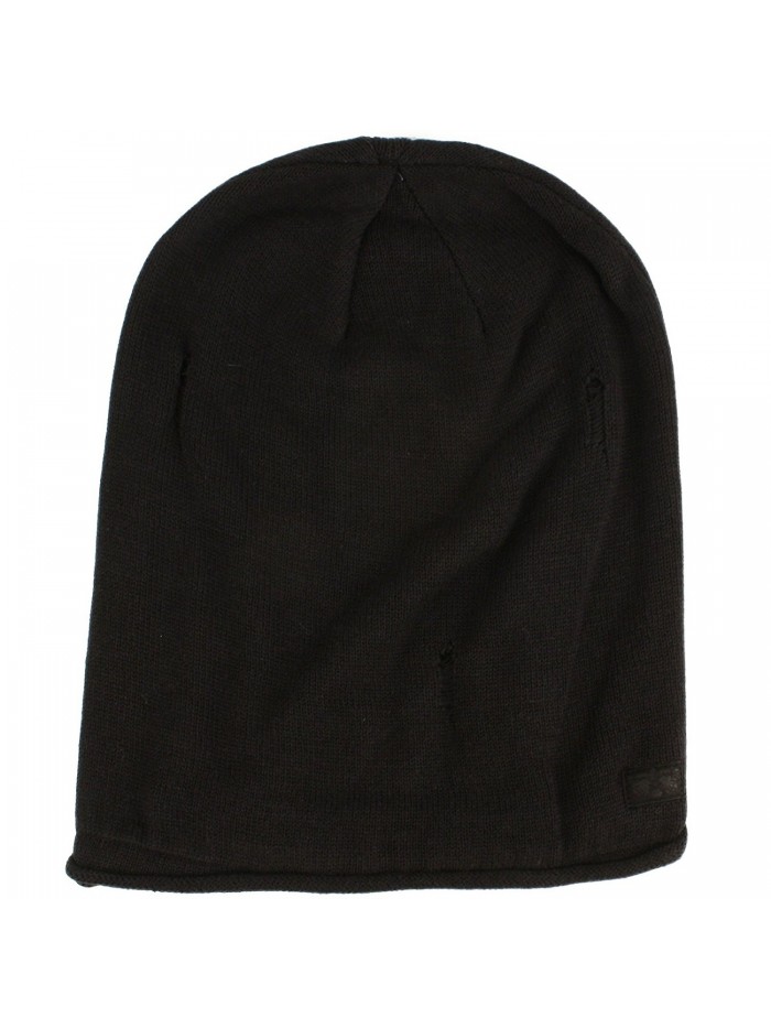 Men's Winter Distress 2ply Knit Lined Slouchy Big Beanie Skull Ski Hat Cap - Black - CU11H5D4BLL