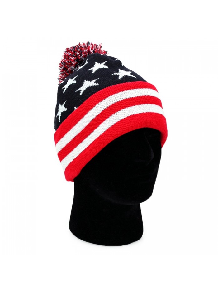 ACE USA Beanie Pom Pom Winter Knit Hat Cap American Flag - Star/Red/Navy - CN12O0L6I33