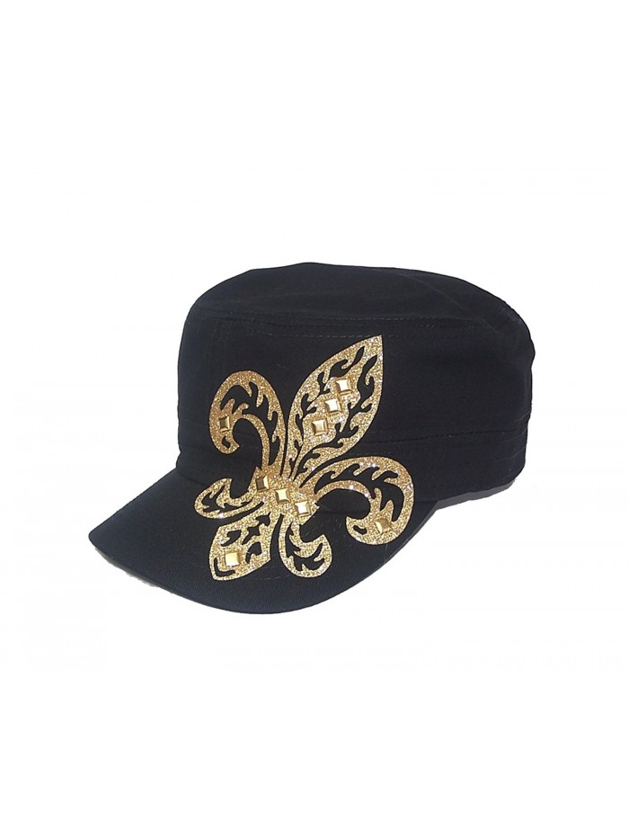 Gold Fleur De Lis Studded Flattop Black Hat - CV11MCO3FDN