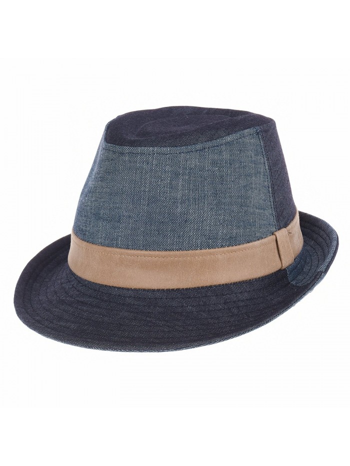 WITHMOONS Denim Cotton Fedora Hat With Faux Leather Band LD3279 - Blue - CH12EVL6M7F