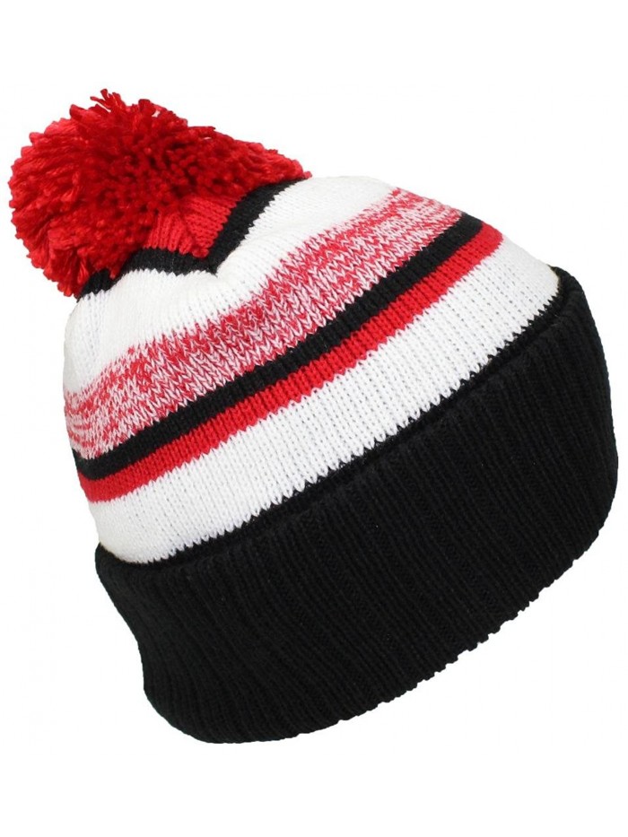 Best Winter Hats Quality Striped Variegated Cuffed Beanie W/Pom (L/XL) - Black/Red/White - C3186RNMCE0