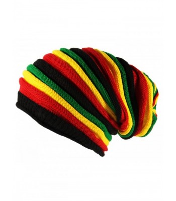 ITZU Black Oversized Rasta Slouch Beanie Cap Hat in Red Yellow Green Striped - CZ11IWFKI8V