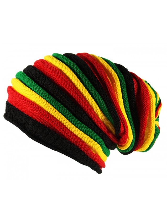 ITZU Black Oversized Rasta Slouch Beanie Cap Hat in Red Yellow Green Striped - CZ11IWFKI8V