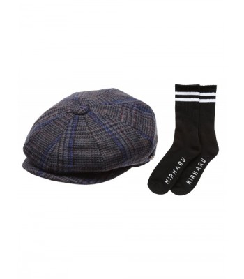 Men's Premium 100% Wool 8Panels Plaid Herringbone Newsboy Hat With Socks. - 2324-plaidblue - C812N284QA4