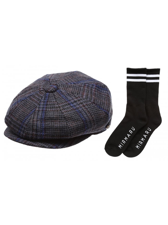 Men's Premium 100% Wool 8Panels Plaid Herringbone Newsboy Hat With Socks. - 2324-plaidblue - C812N284QA4