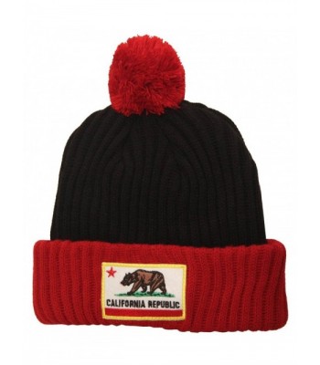 Thick Warm California Life Republic Sewn Patch Pom Long Beanie - Cali Republic Black/Red - CX11FGH2JET