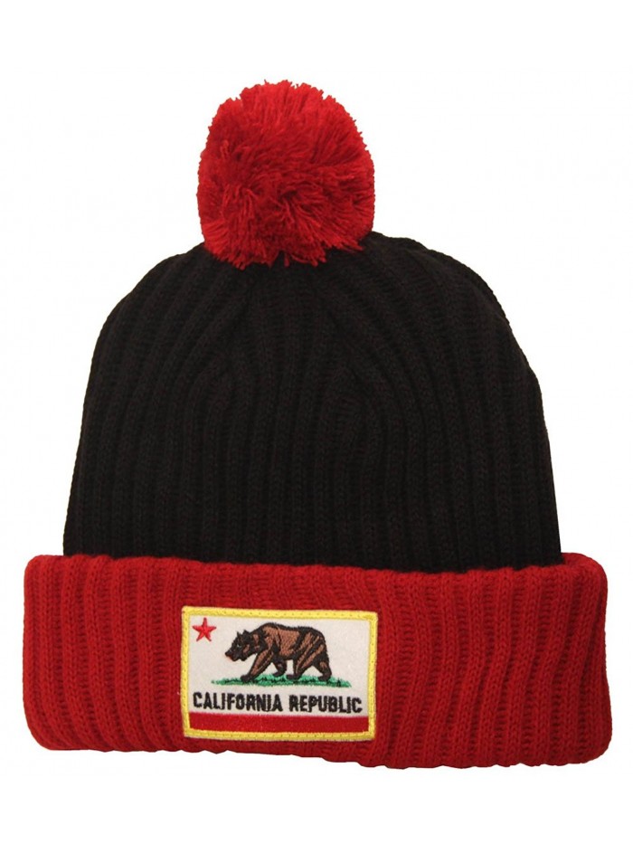 Thick Warm California Life Republic Sewn Patch Pom Long Beanie - Cali Republic Black/Red - CX11FGH2JET