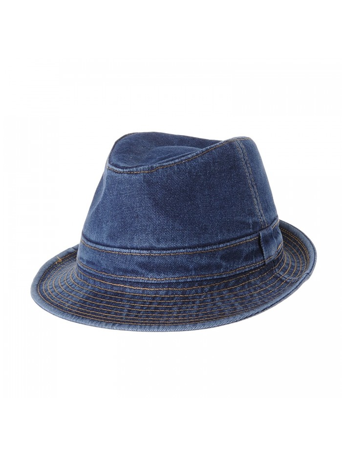 WITHMOONS Denim Fedora Hat Plain Stitch Washed Short Brim DW6646 - Blue - C1182ZLG2G7