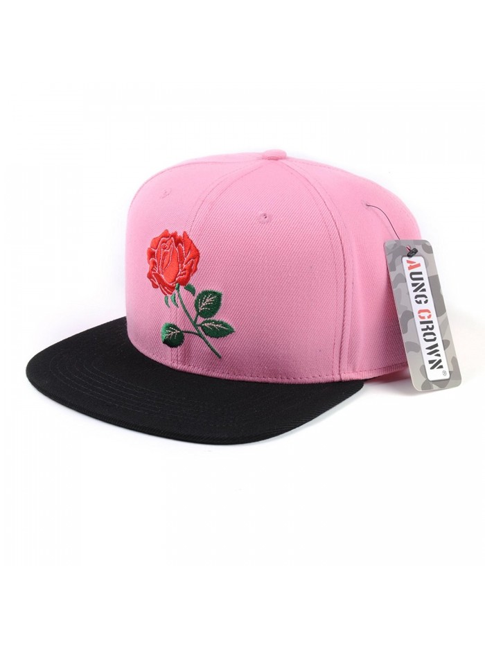 AUNG CROWN Rose Flat Bill Snapback Hats Embroidered Women Men Adjustable Baseball Caps - Pink - C712MOJL14F