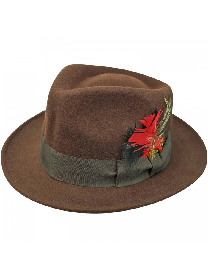 Luxury Divas Wide Brim Structured Fedora With Feather Hat Band - Brown - CB115SSFEDT