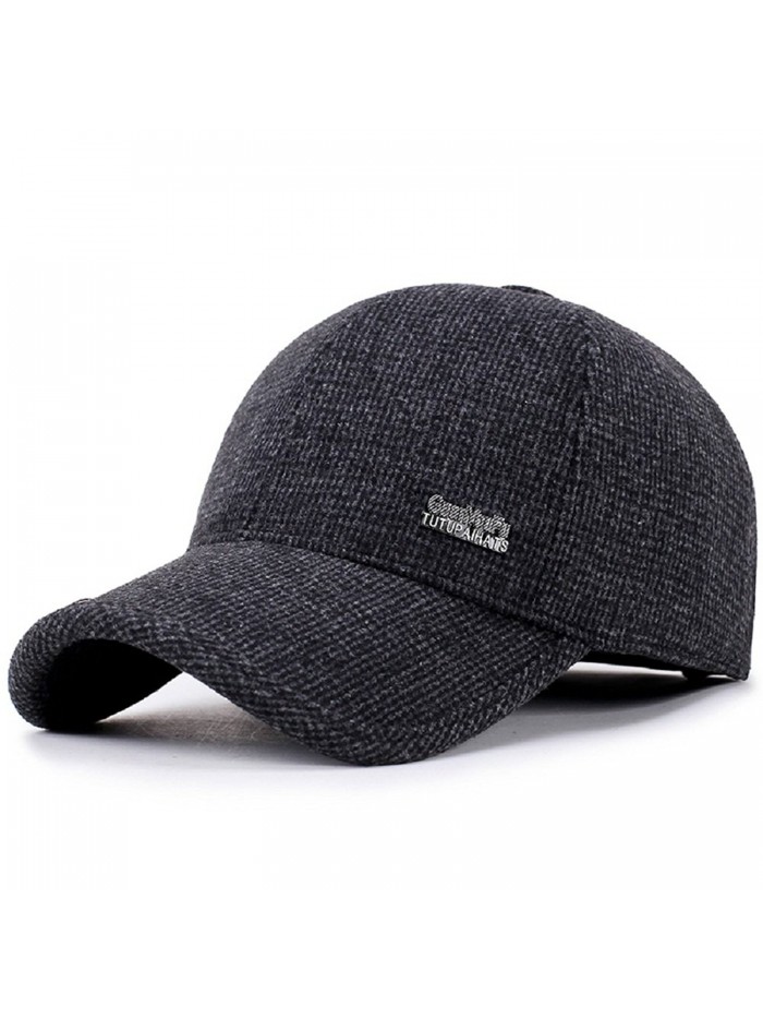 VoilaLove Men's Winter Warm Woolen Tweed Peaked Baseball Cap Hat With Fold Earmuffs - Black - CY189OXG65D