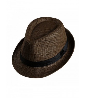 FUNOC Men's Short Brim Straw Fedoras Panama Hat - Coffee - C412JFNO32P